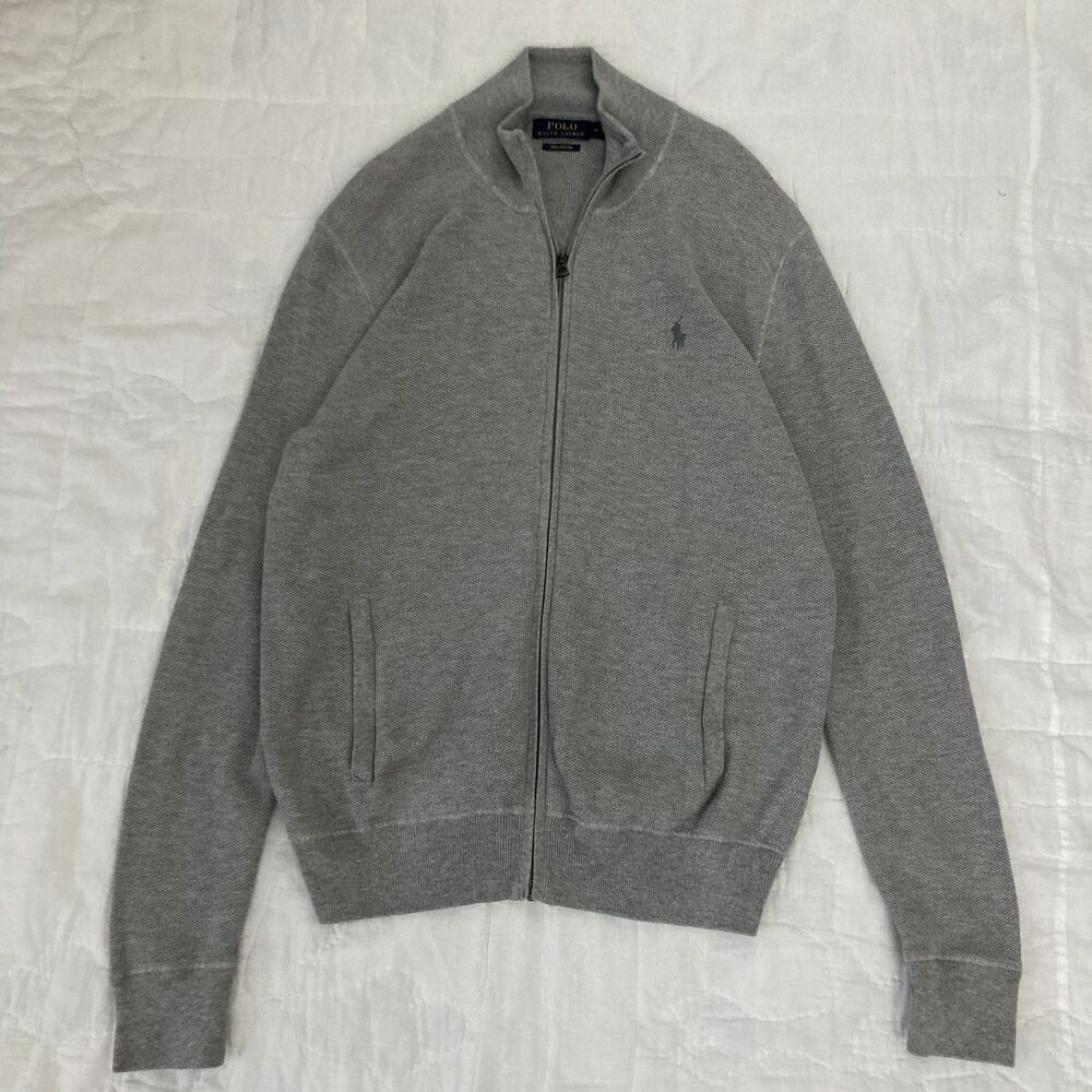 Polo Ralph Lauren Gray Pima Cotton Golf Sweater Zip Jacket Waffle Knit Men Med